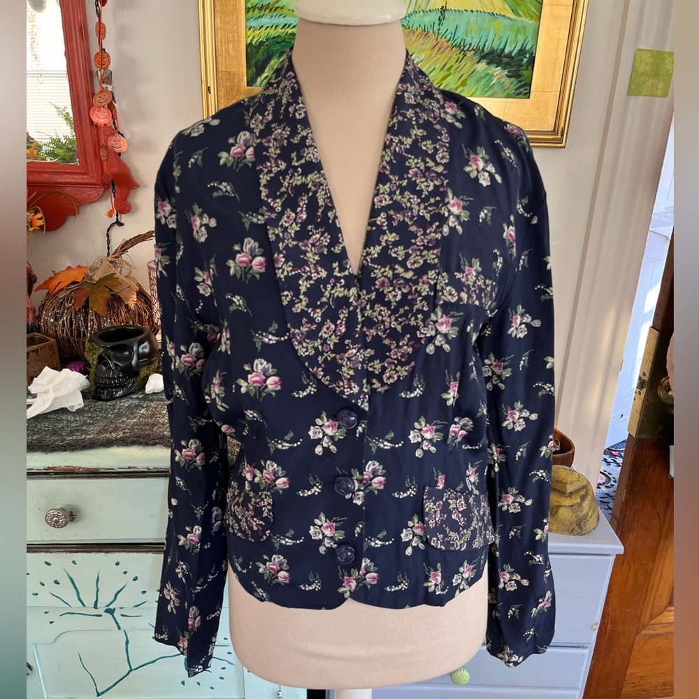 Mirrors Vintage Blue Floral Jacket M Cottagecore Garden Party Spring VGUC